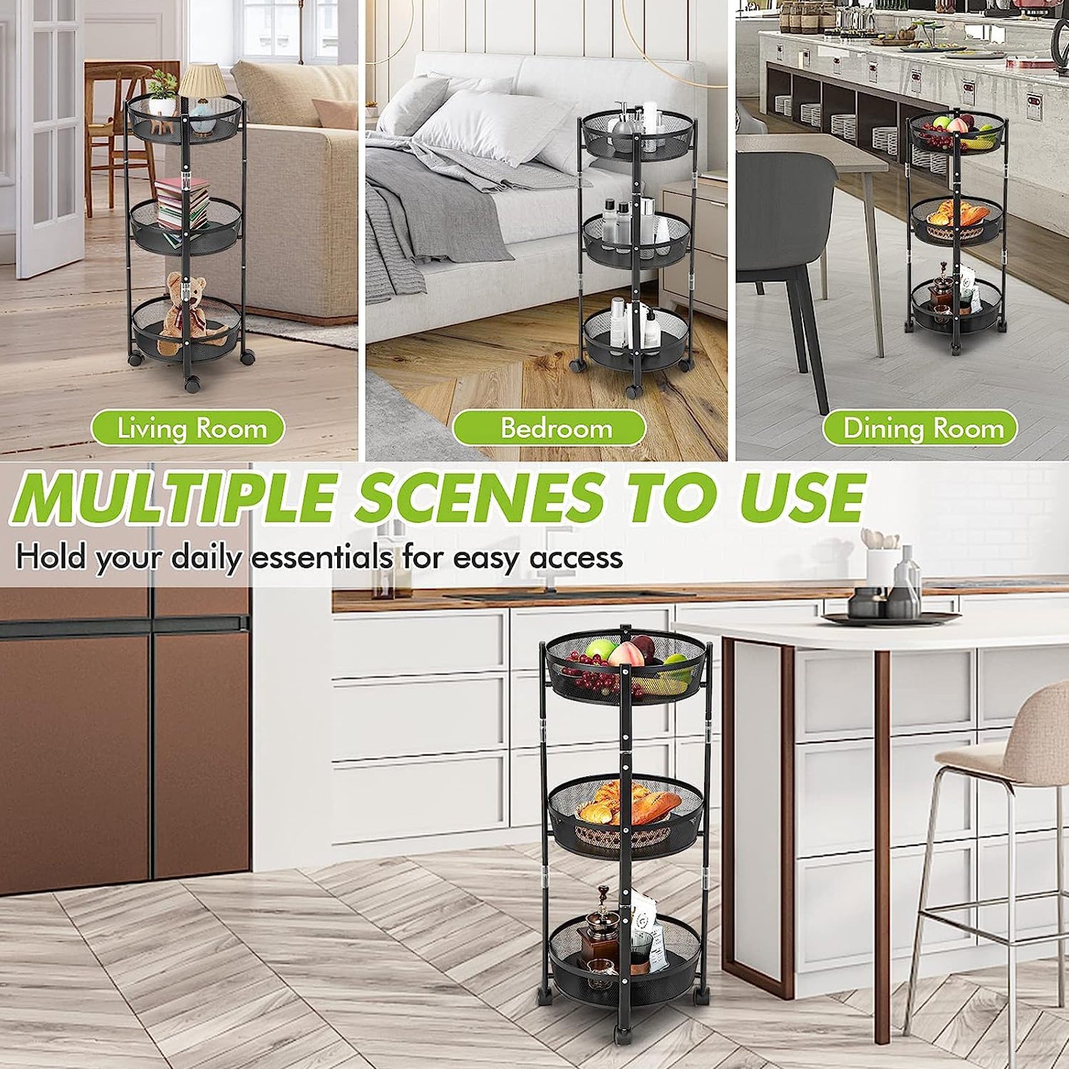 3-layer Round Metal Mesh Utility Storage Trolley With Wheels 3-layer Round Metal Mesh Utility Storage Trolley With Wheels